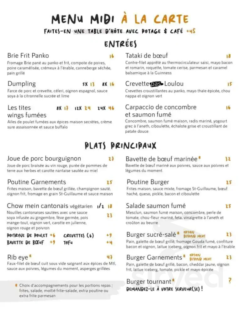 Les Garnements menus in Drummondville, Quebec, Canada