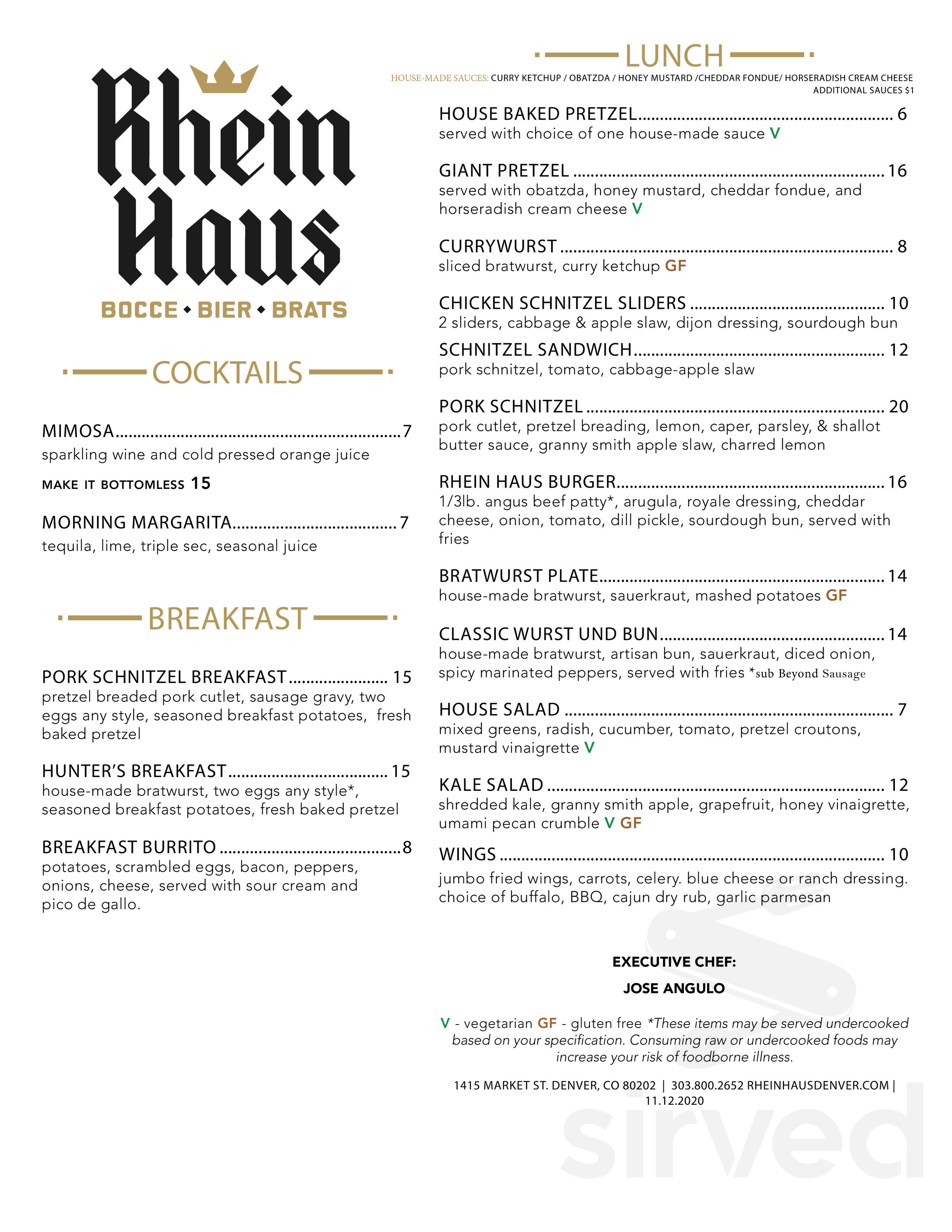 Rhein Haus Denver menu in Denver, Colorado, USA