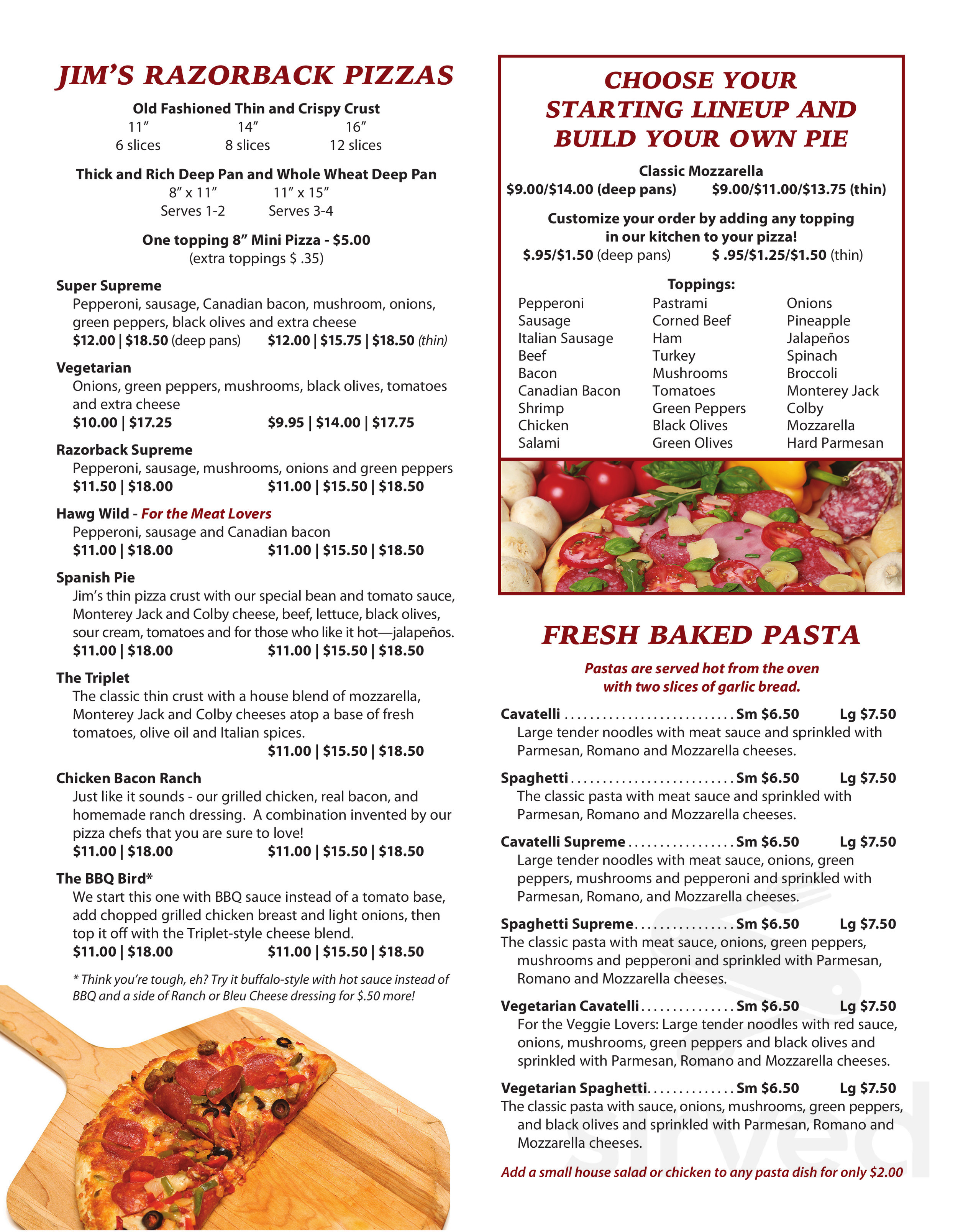 Jim's Razorback Pizza menu in Prairie Grove, Arkansas, USA