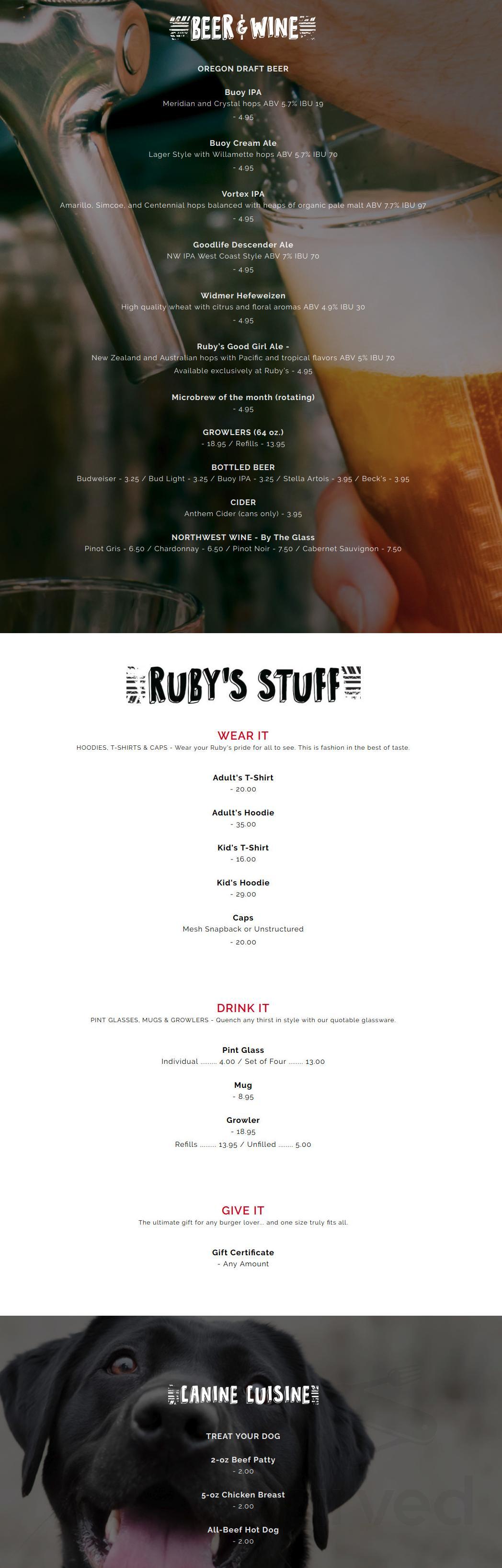 Menu - Seaside OR's Ruby's Roadside Grill | Sirved