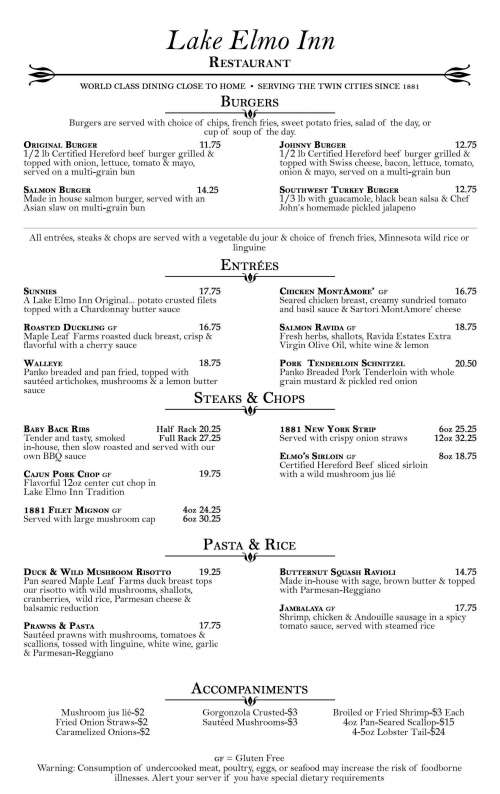 Lake Elmo Inn menu in Lake Elmo, Minnesota, USA