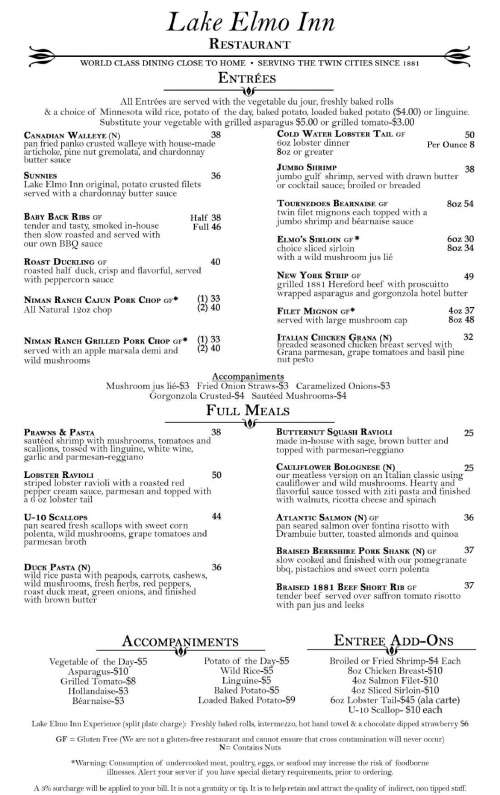 Lake Elmo Inn menu in Lake Elmo, Minnesota, USA