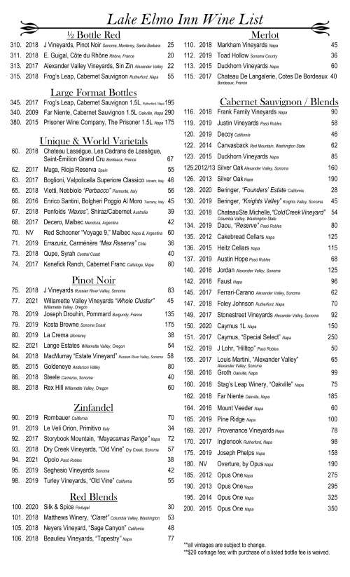 Lake Elmo Inn menu in Lake Elmo, Minnesota, USA