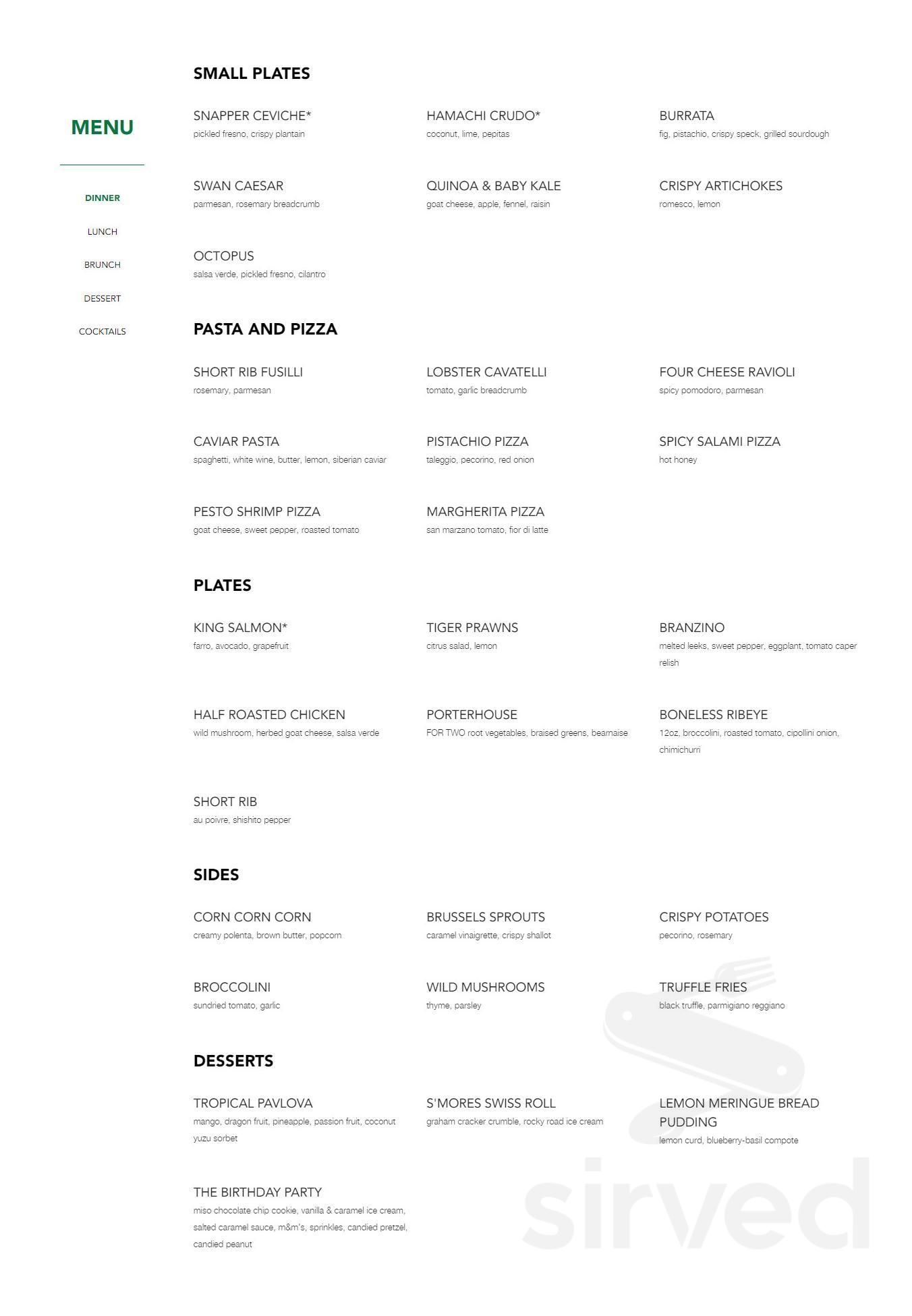 Swan Upstairs menu in Miami, Florida, USA