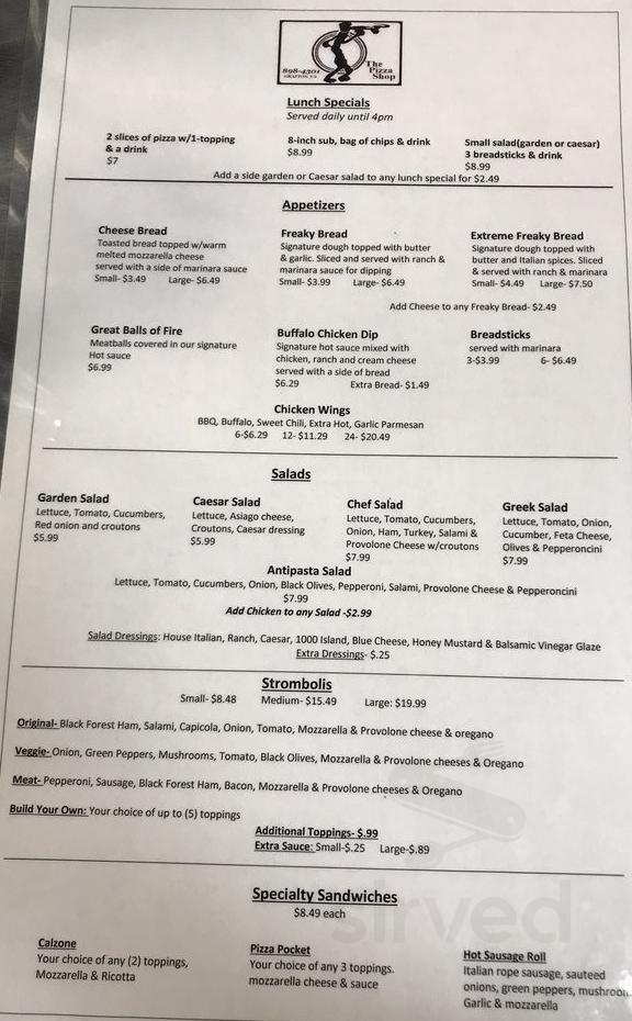 The Pizza Shop menu in Yorktown, Virginia, USA