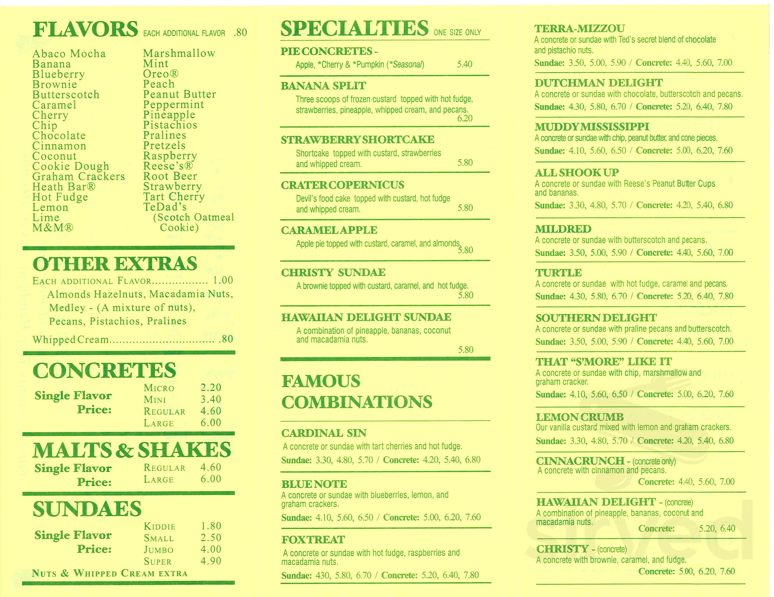 Ted Drewes Frozen Custard menu in St. Louis, Missouri, USA