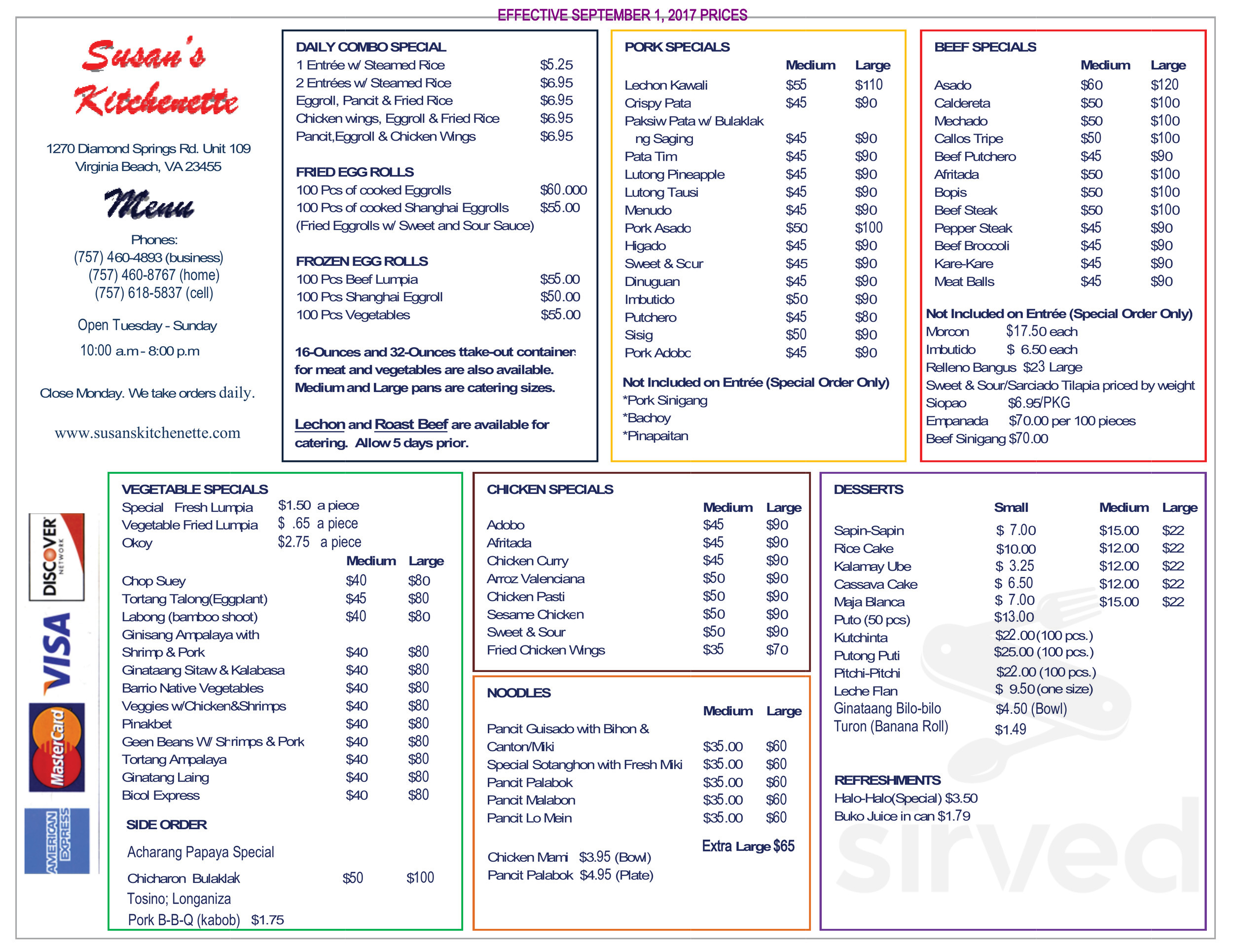 Menu For Susan s Kitchenette Filipino In Virginia Beach VA Sirved