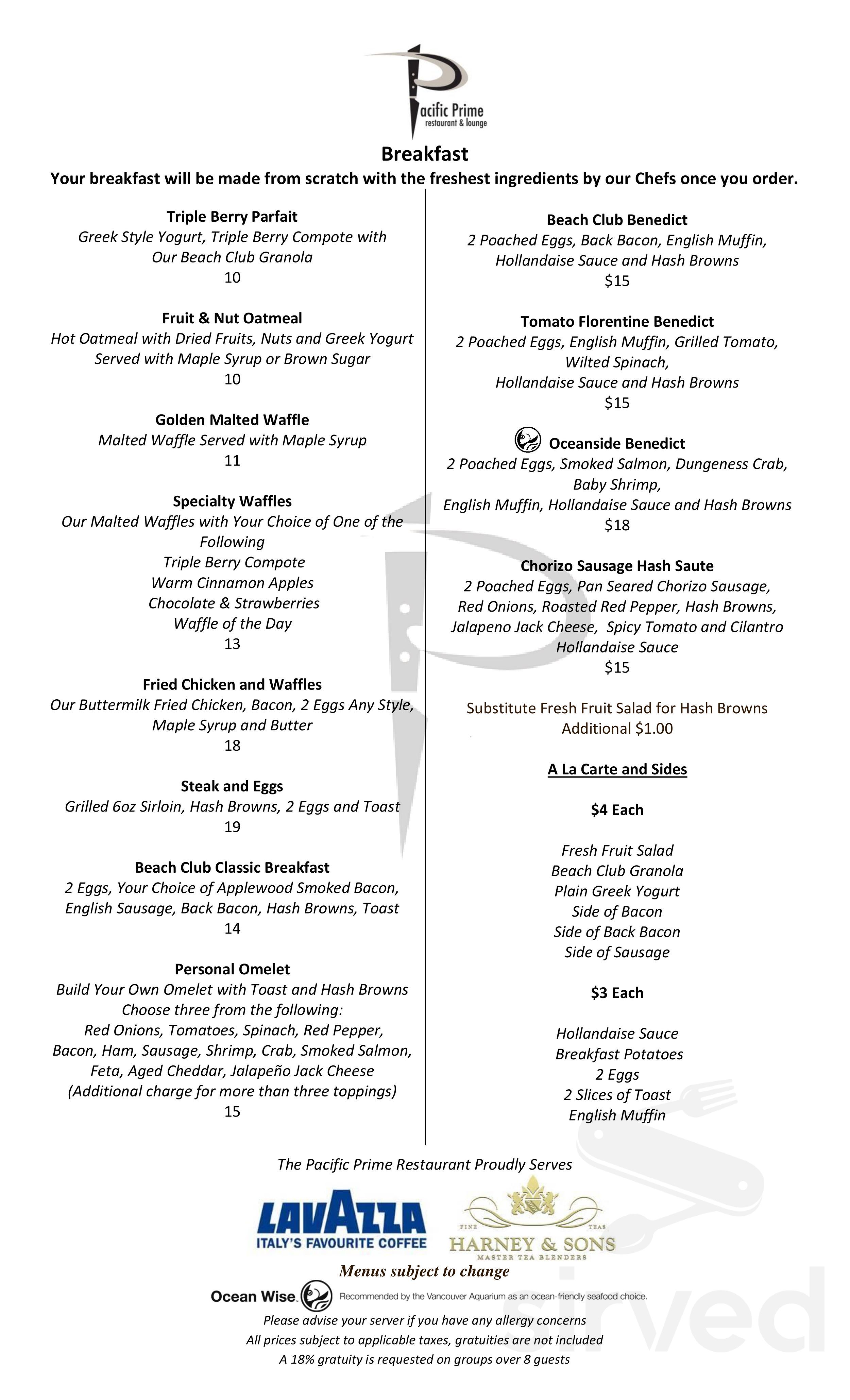 Menu - Parksville BC's Pacific Prime Restaurant at The Beach Club ...