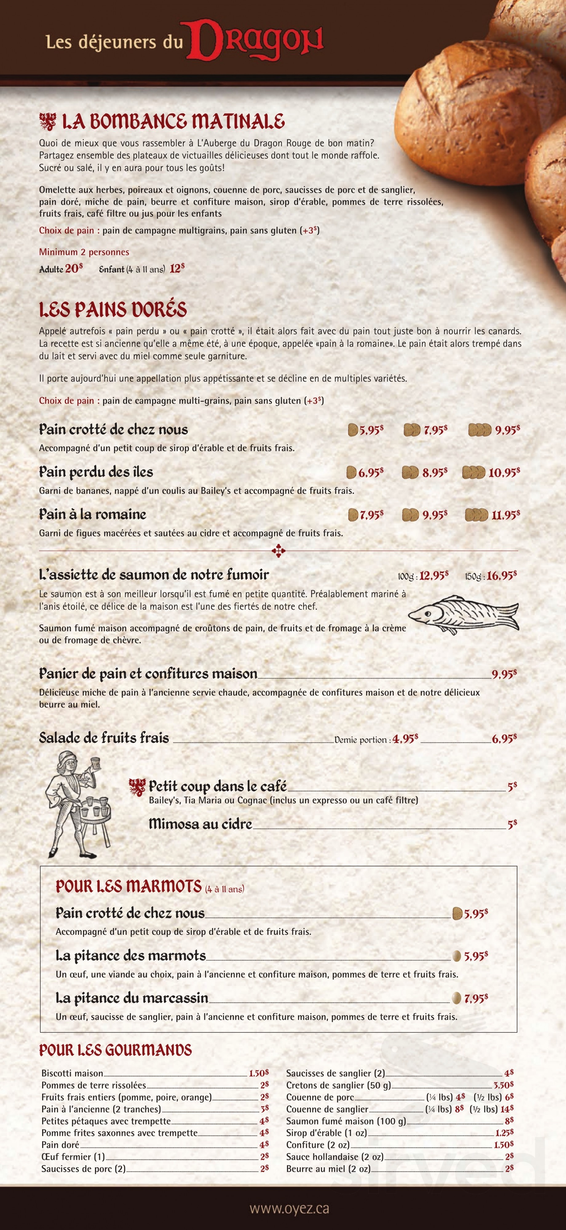 Diner Rouge Menu Auberge du Dragon Rouge menus in Montréal, Quebec, Canada