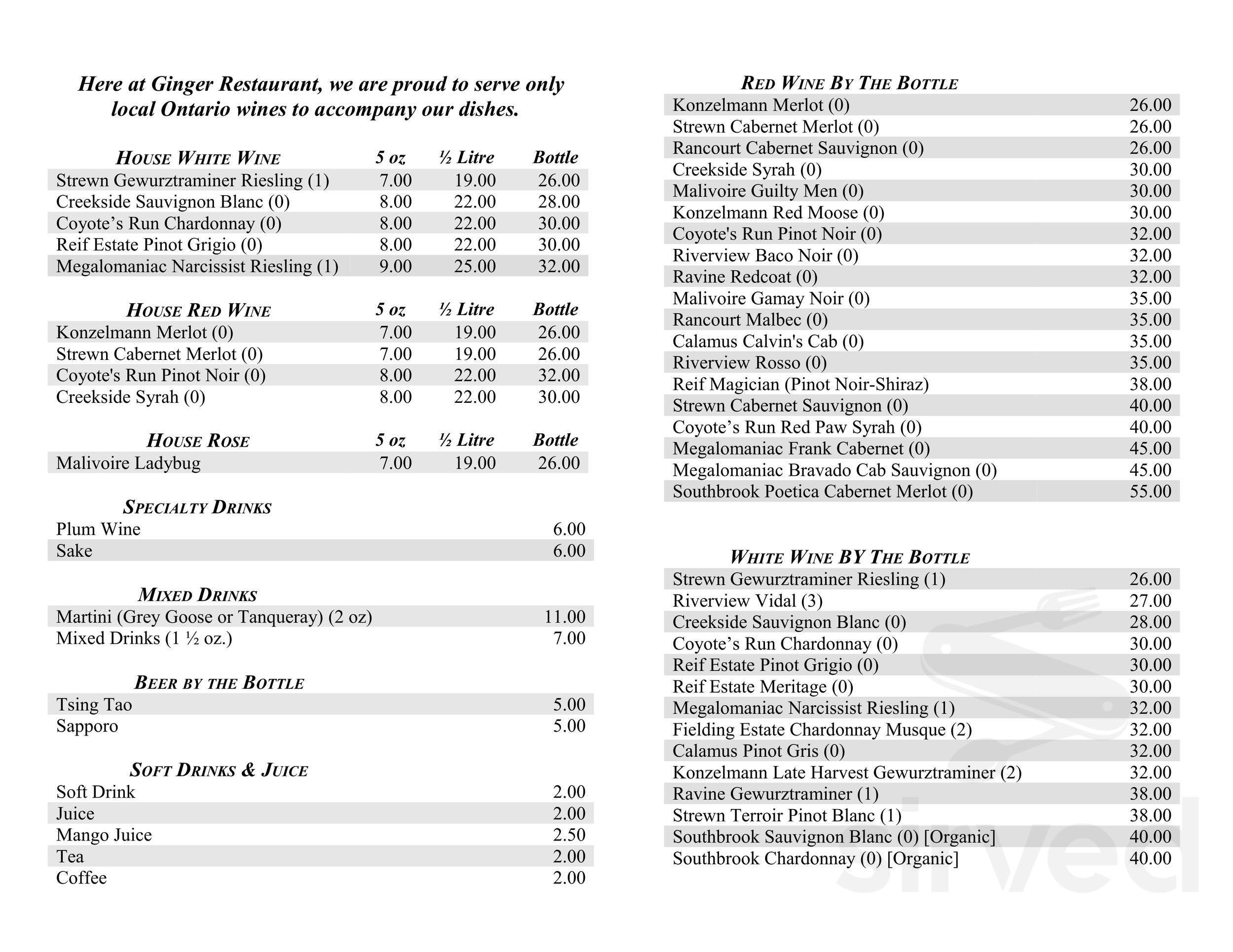 Ginger Restaurant drink menu in Niagara-on-the-Lake, Ontario