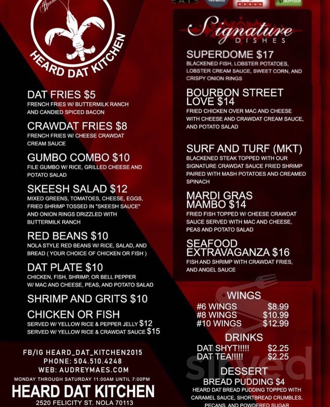 Menu Leeds AL's Nelchie's Cajun Sirved