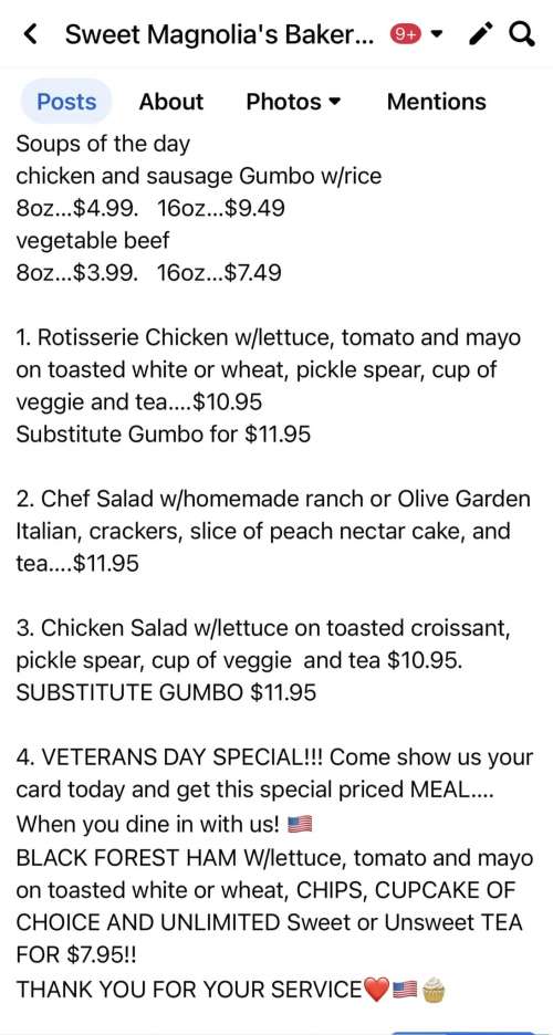 Sweet Magnolia's Bakery Cafe menu in Laurel, Mississippi, USA