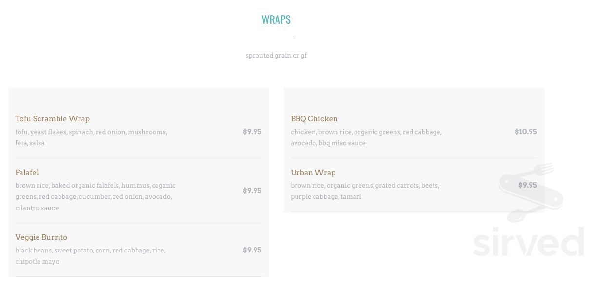 Roots Modern Health Food menu in Castlegar, British Columbia