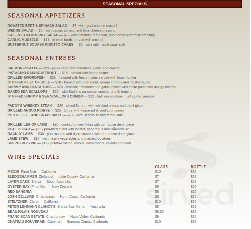 Ordinary Menu Menu for Sadler's Ordinary in Marlborough, CT | Sirved
