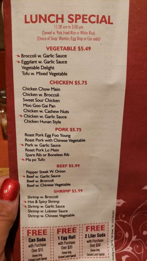 General Tso menu in Philadelphia, Pennsylvania, USA