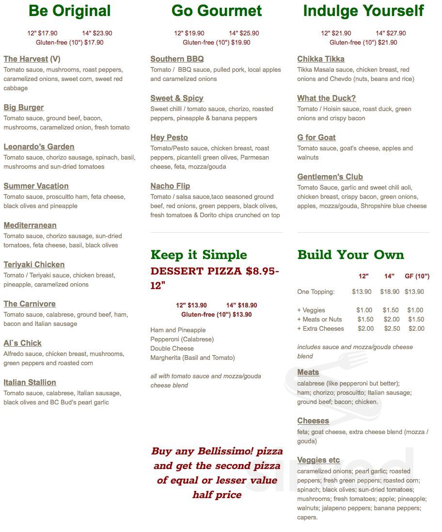 Bellissimo! Pizza menu in Kelowna, British Columbia
