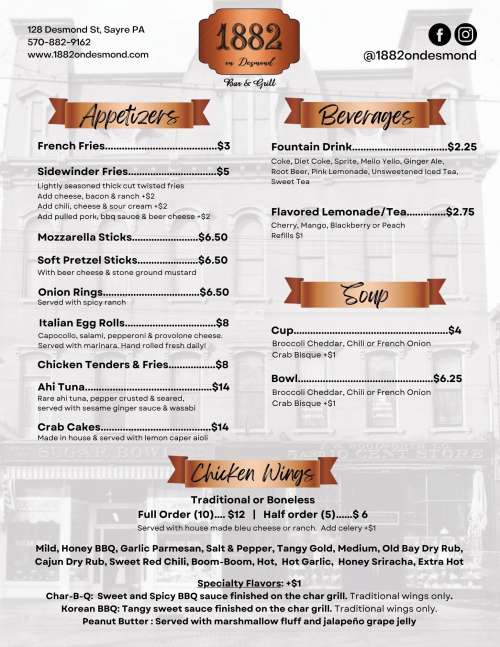 1882 On Desmond menu in Sayre, Pennsylvania, USA