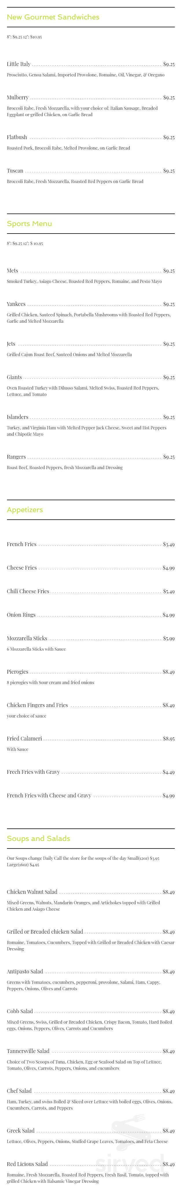 NY Deli and Catering menu in Tannersville, Pennsylvania, USA