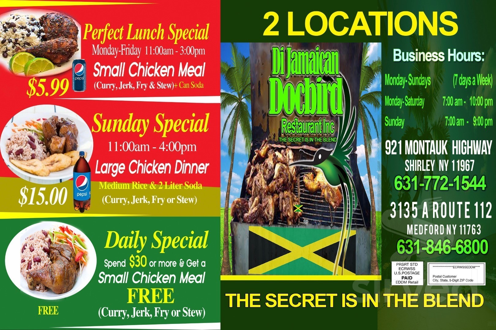 Di Jamaican DocBird menu in Medford, New York, USA