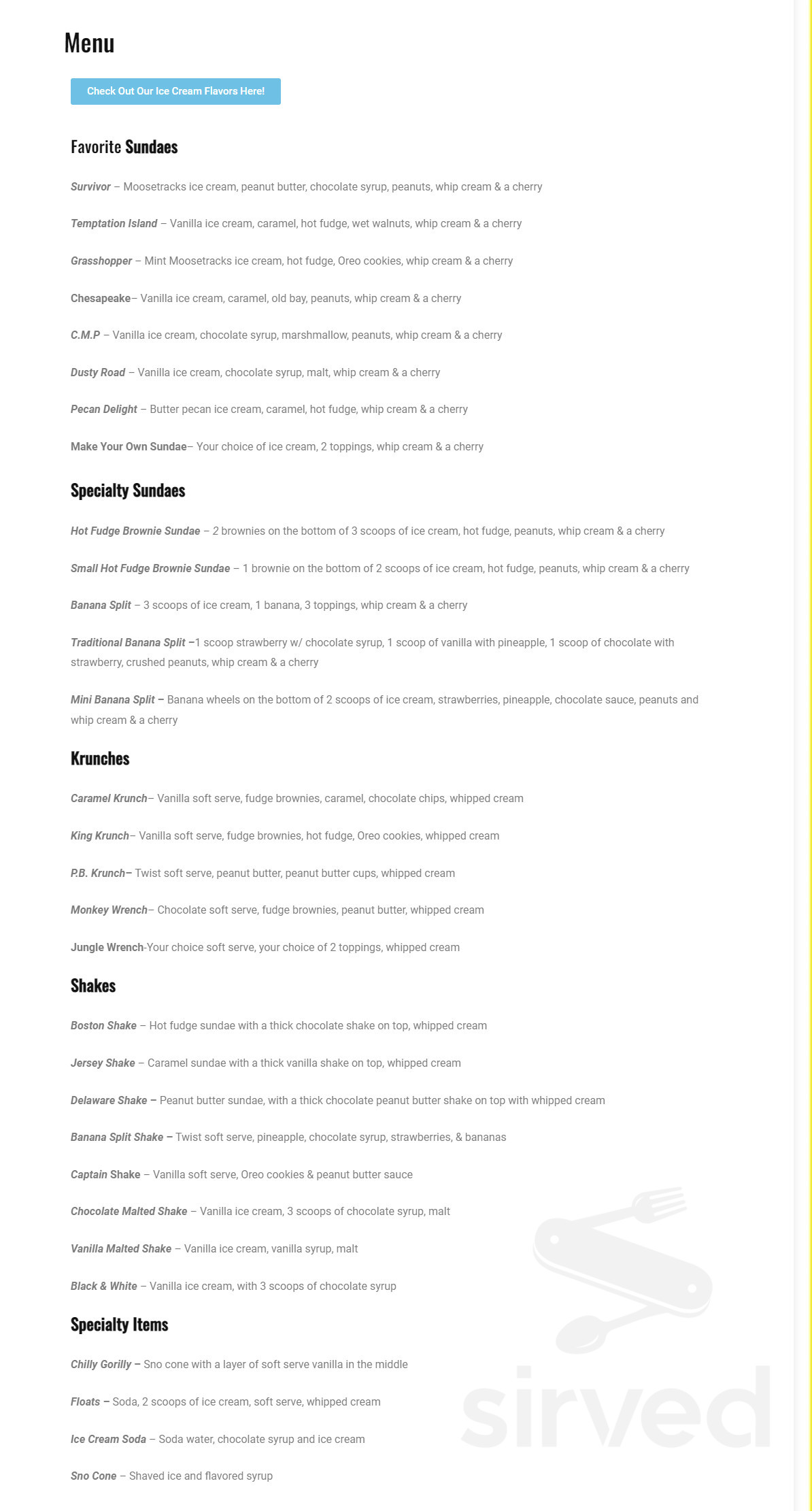 King Kone menu in Ocean City, Maryland, USA