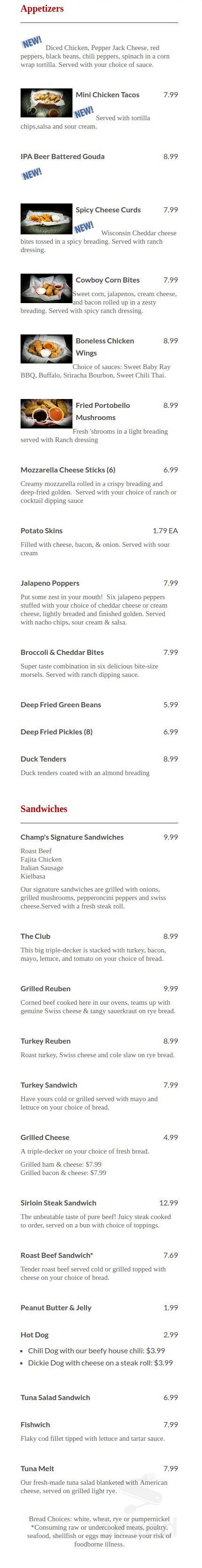Champ's Pub menu in Brighton, Michigan