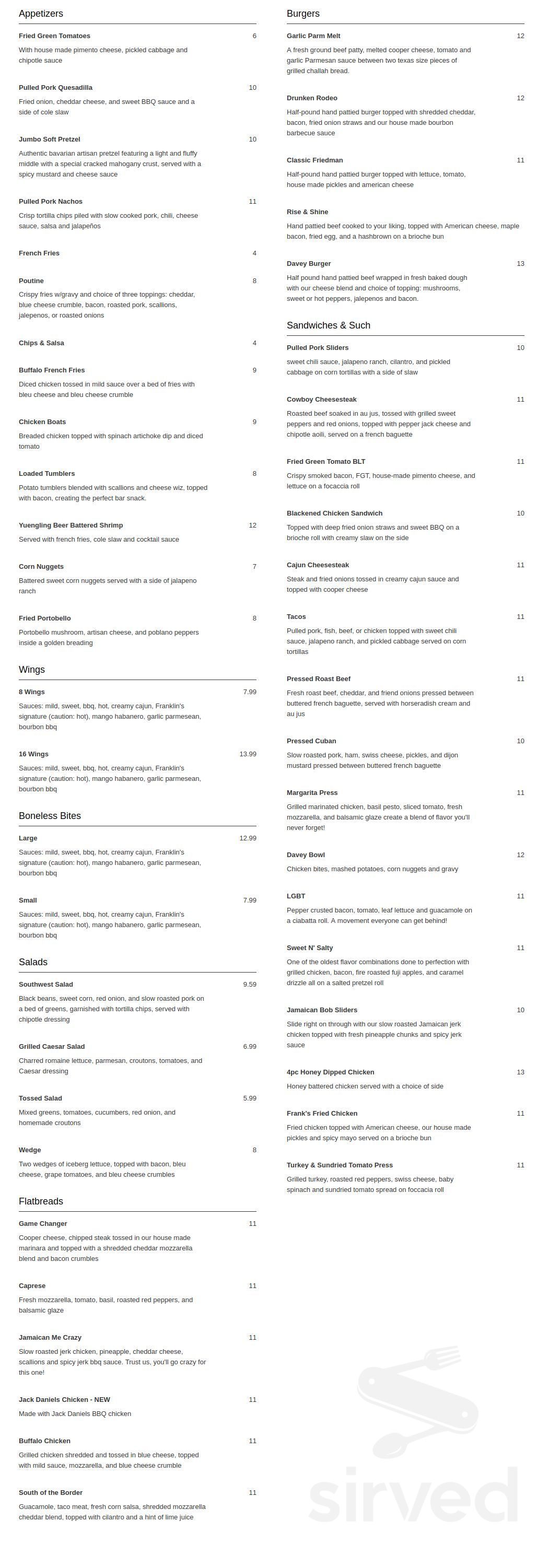 Franklin's menu in Wilkes-Barre, Pennsylvania
