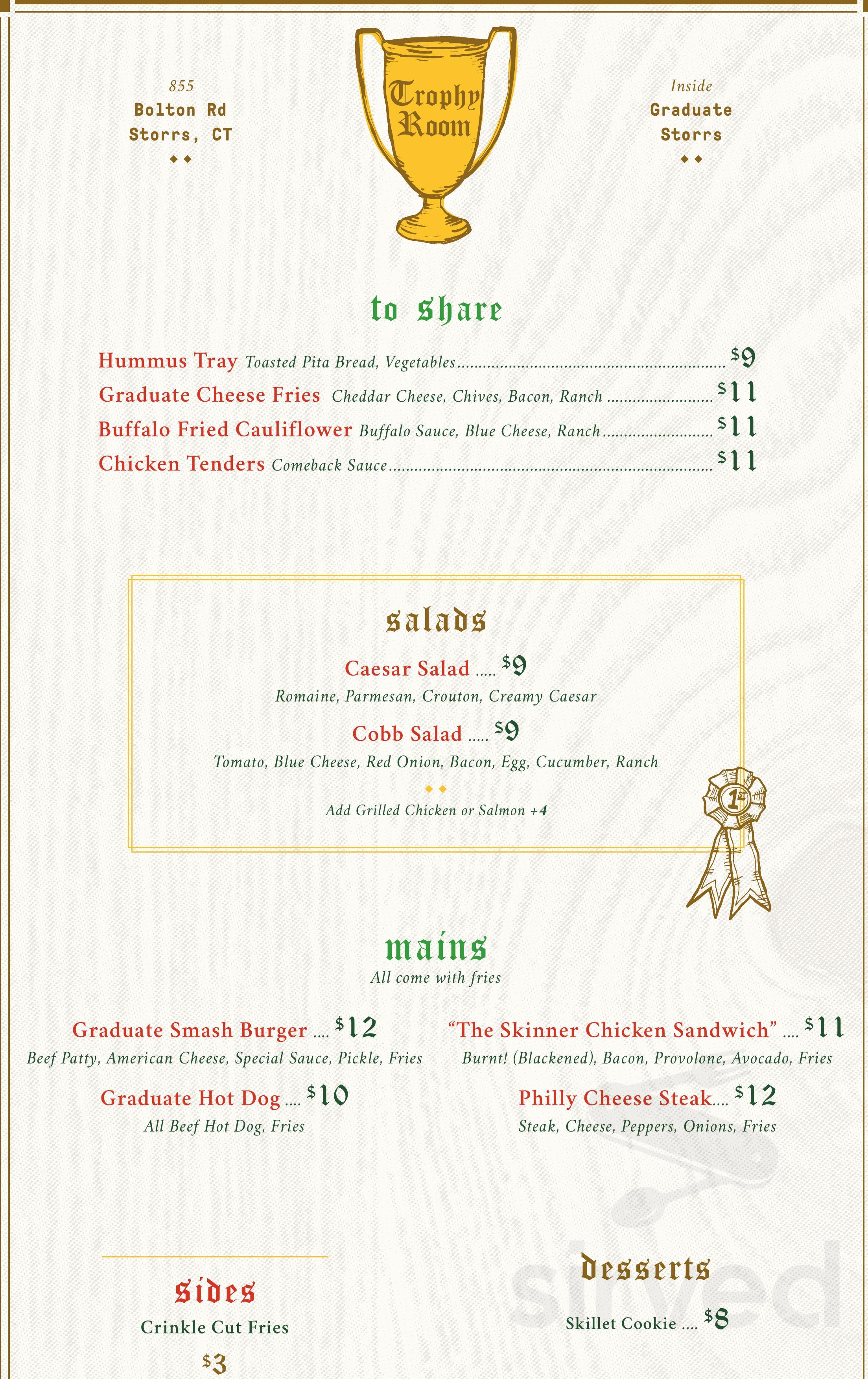 Menu - Storrs CT's Trophy Room | Sirved