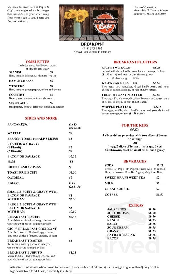 Menu for Pop's & Gigi's in Inola, OK Sirved
