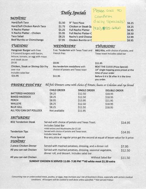 Club 32 menu in Gillett, Wisconsin, USA