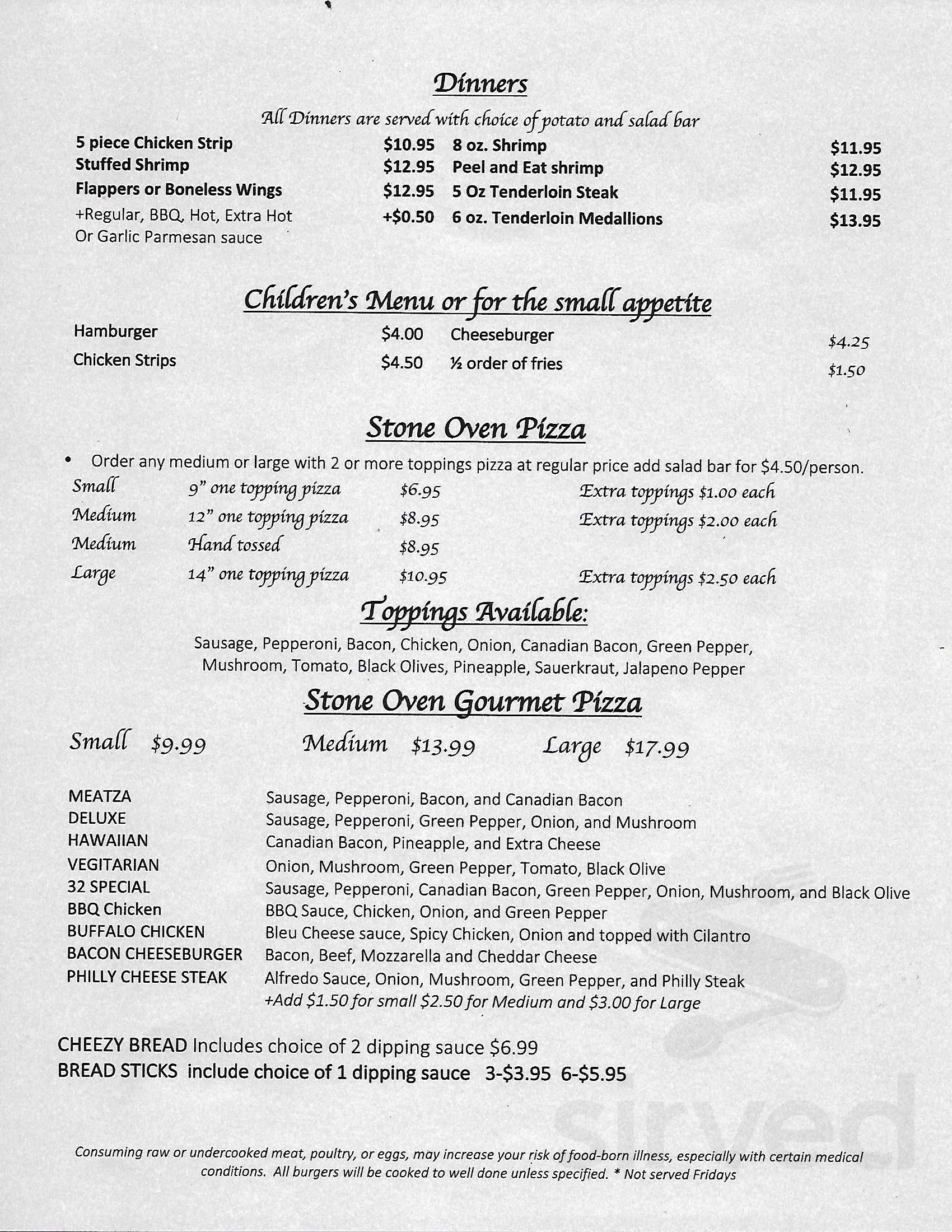 Club 32 menu in Gillett, Wisconsin, USA