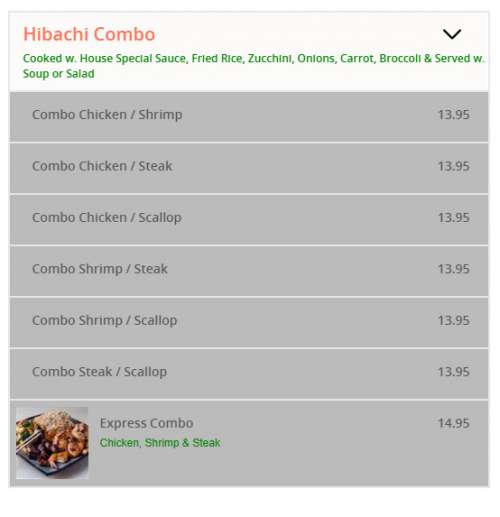 Hibachi Express menu in Clinton, Mississippi, USA