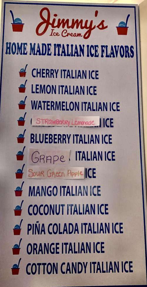 Jimmy's Ice Cream menu in Stroudsburg, Pennsylvania, USA