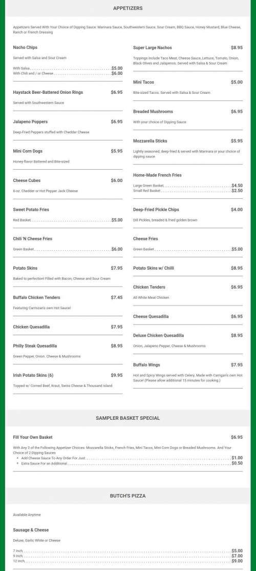 Carrigan's Pub menu in East Peoria, Illinois, USA