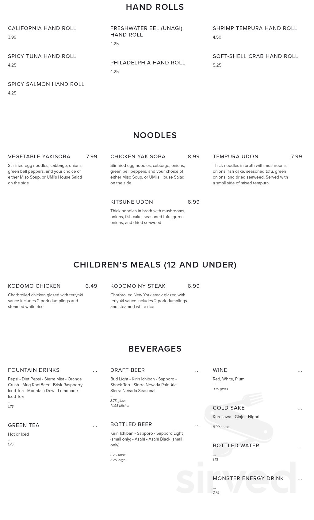 Umi Japanese Grill & Cafe menu in Oceanside, California