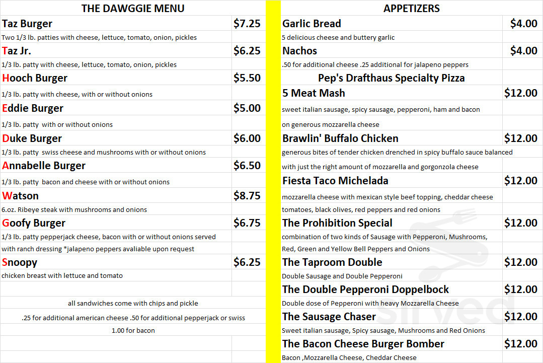 Dawg House menu in Waubeka, Wisconsin