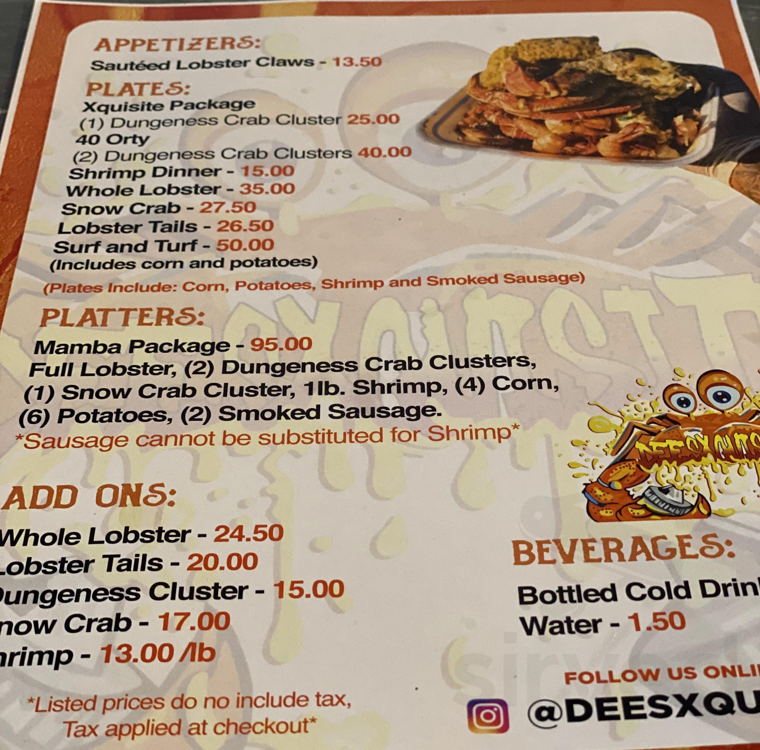 Dees Xquisite Seafood menu in New Orleans, Louisiana, USA