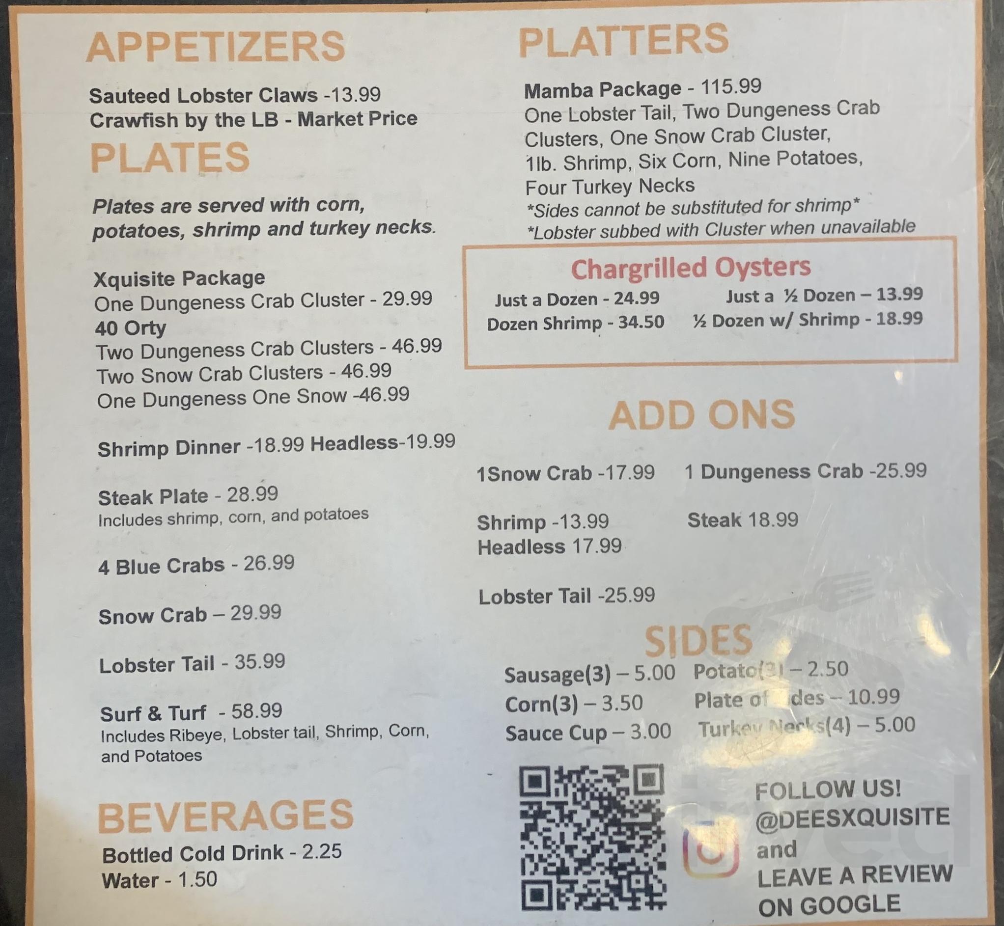 Dees Xquisite Seafood menu in New Orleans, Louisiana, USA