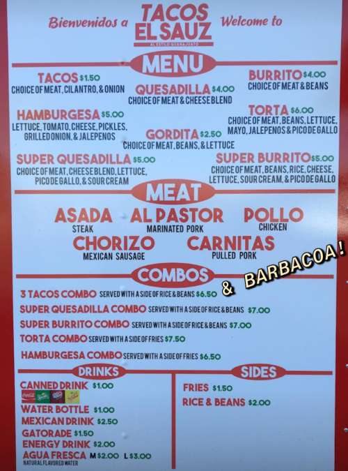 Tacos El Sauz menu in Burleson, Texas, USA