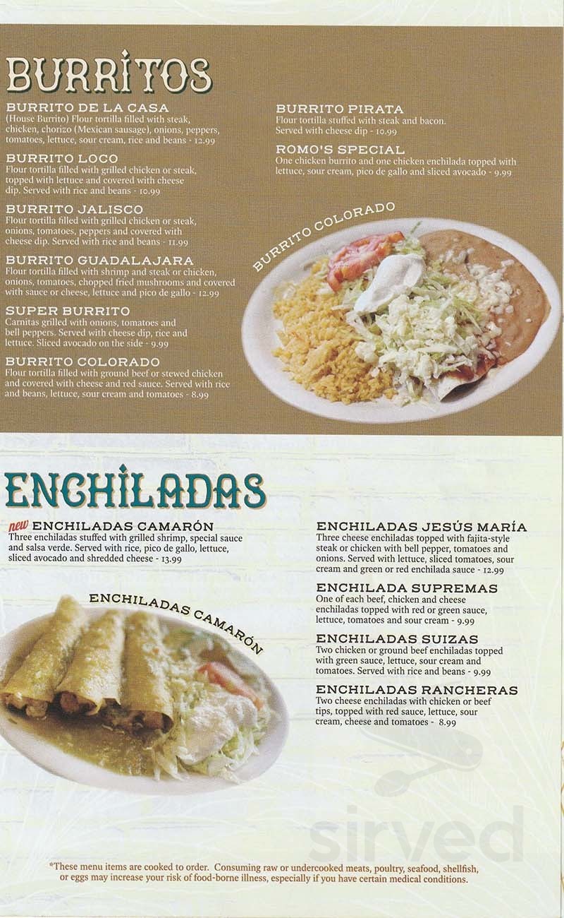 Romo's Mexican Restaurant and Cantina menu in Cookeville, Tennessee, USA