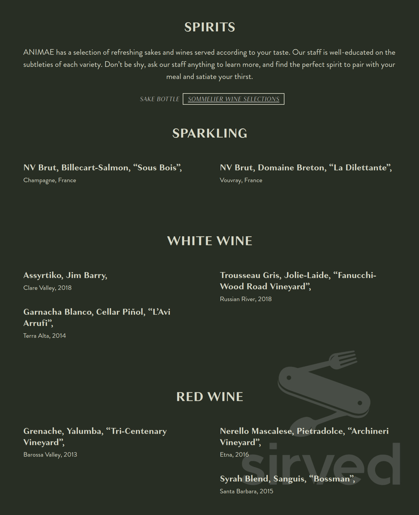 Animae menu in San Diego, California, USA