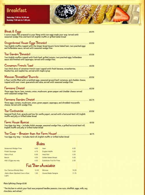 The Gingerbread House menu in Muskego, Wisconsin, USA