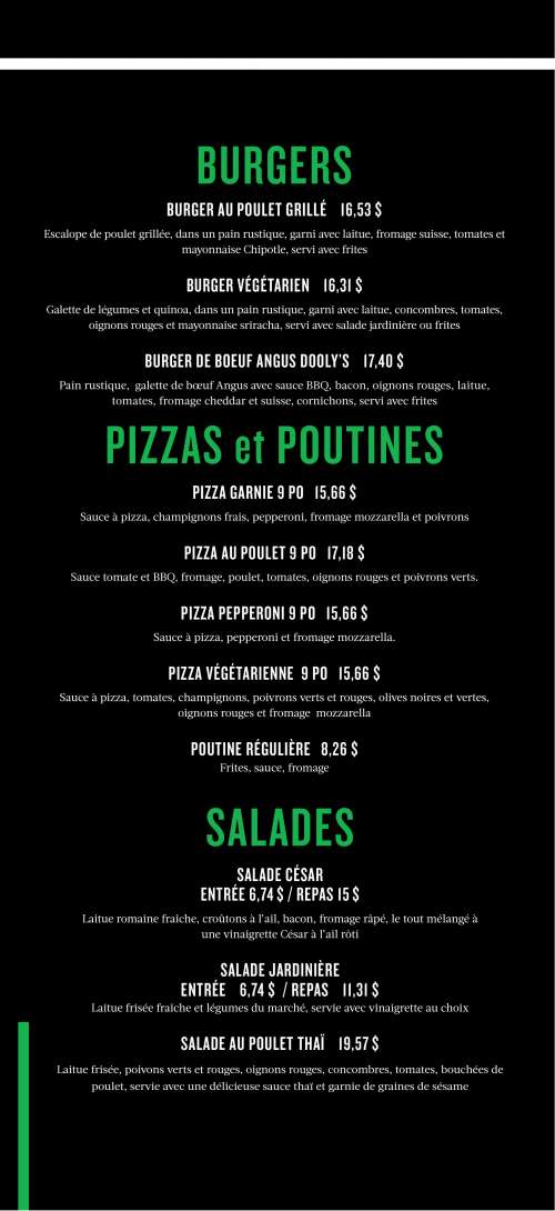 Dooly's menu in Alma, Quebec, Canada