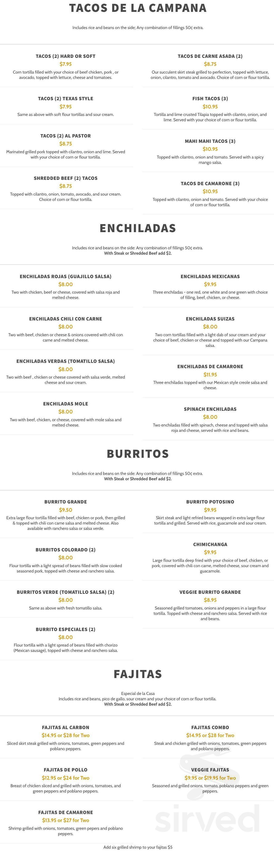 La Campana Mexican Restaurant menu in Bloomingdale, Illinois, USA