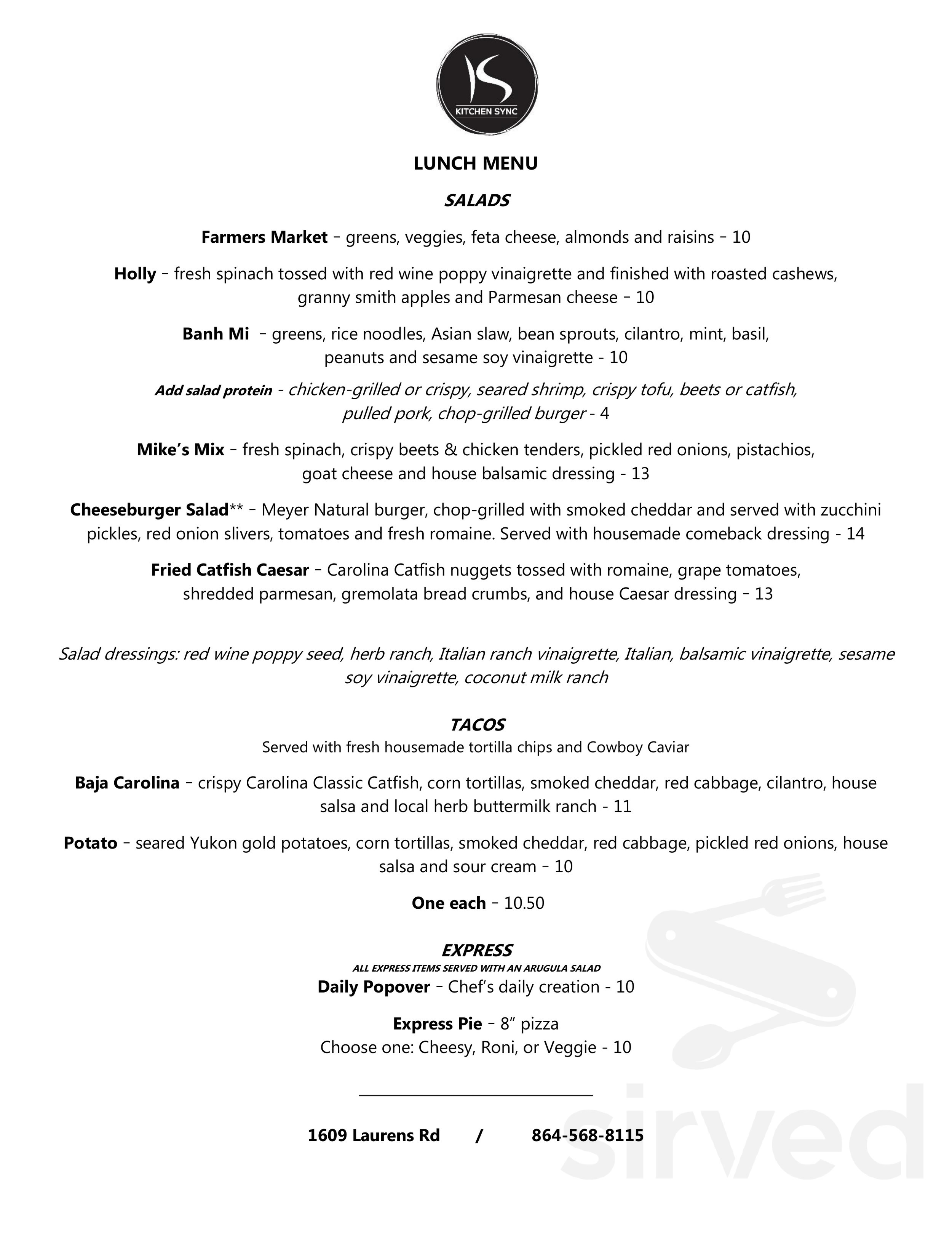 Menu for Kitchen Sync in Greenville, SC | Sirved