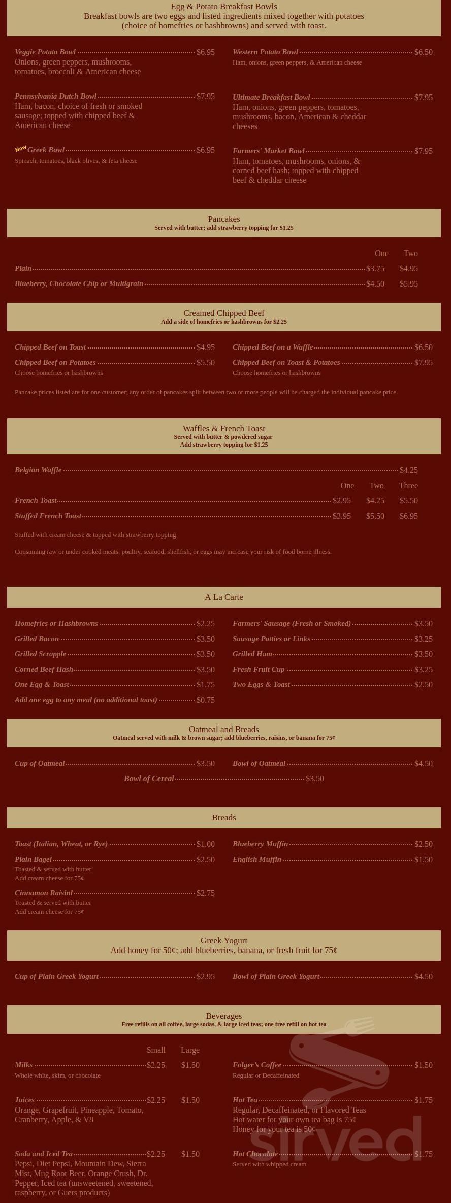 Friedensburg Country Restaurant menu in Friedensburg, Pennsylvania, USA