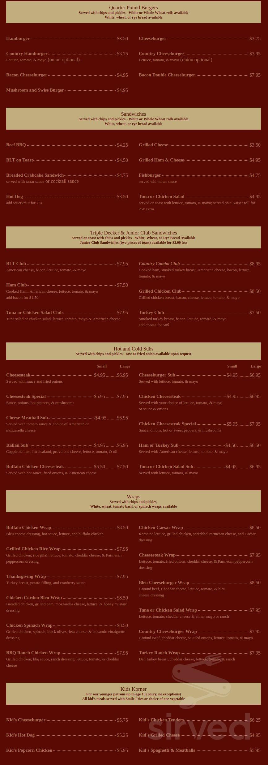 Friedensburg Country Restaurant menus in Friedensburg, Pennsylvania