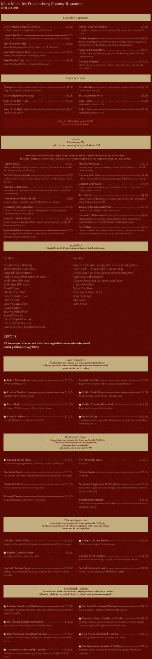 Friedensburg Country Restaurant menu in Friedensburg, Pennsylvania, USA