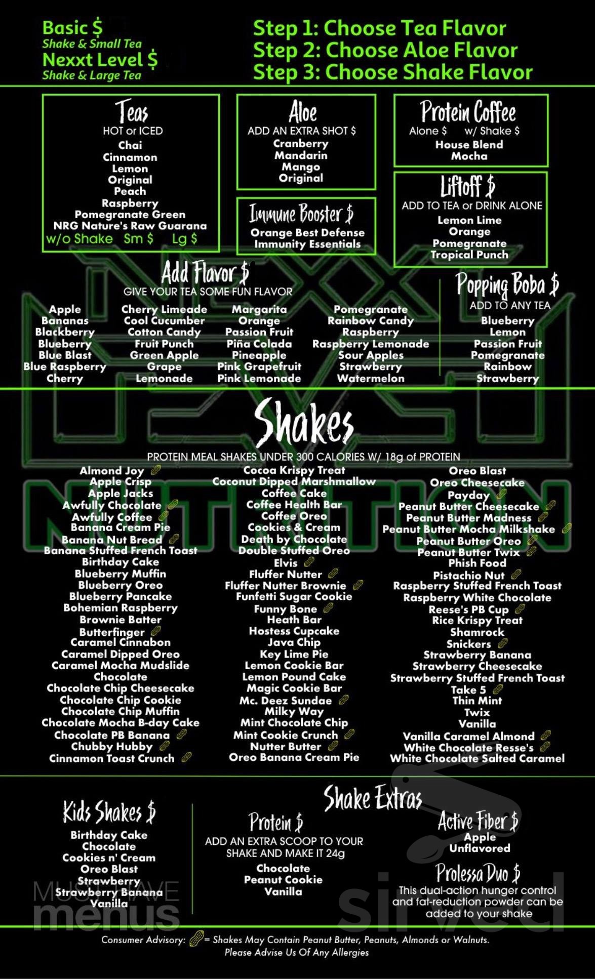 Nexxt Level Nutrition menu in Barrington, Rhode Island, USA