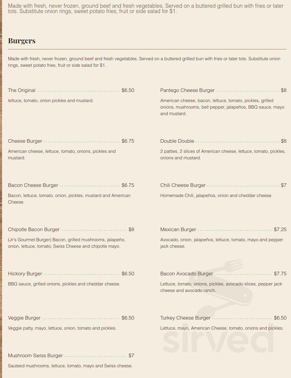 Menu Pantego TX's Juniors Grill Sirved