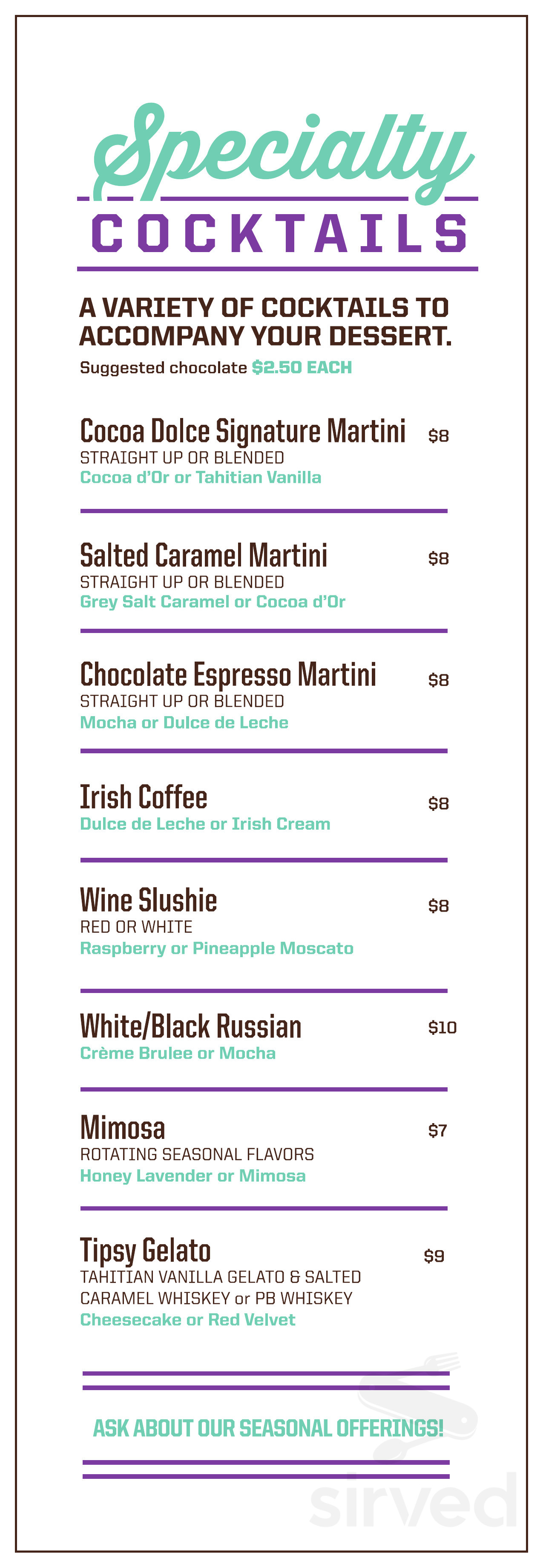 Cocoa Dolce Chocolates menu in Wichita, Kansas, USA